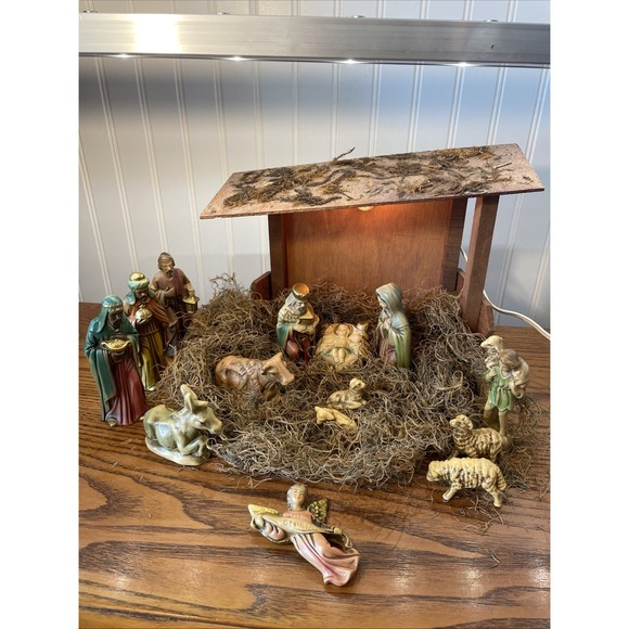 VTG MCM Nativity Set w/Wood Stable Light Musical Box 14pc Hand Painted Japan